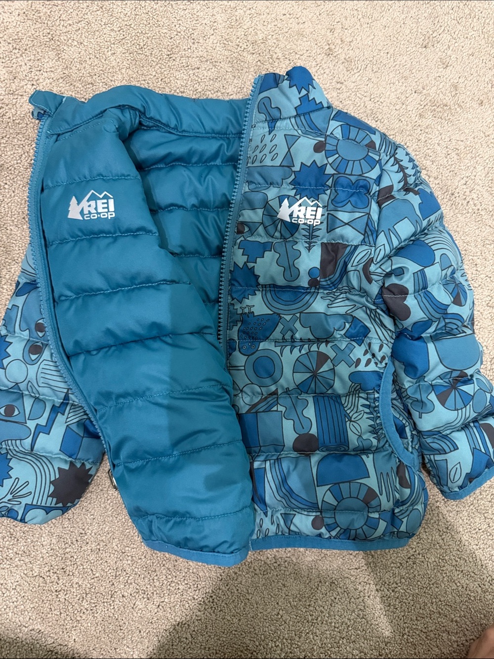 REI Co-op reversible Kids' Blue Patterned Puffer Jacket